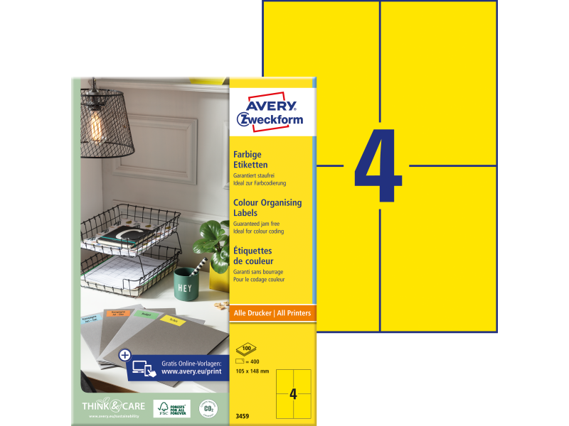 Etiketid Zweckform 3459 105x148mm A4/100L kollane