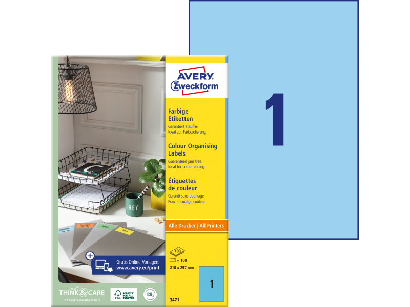 Etiketid Zweckform 3471 210x297mm A4/100L sinine