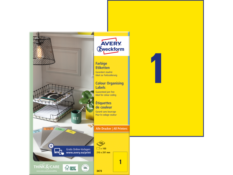 Etiketid Zweckform 3473 210x297mm A4/100L kollane