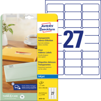 Etiketid Zweckform J4721-25 63,5x29,6mm A4 läbipaistev tindiprinterile