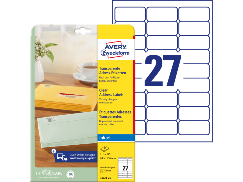Etiketid Zweckform J4721-25 63,5x29,6mm A4 läbipaistev tindiprinterile