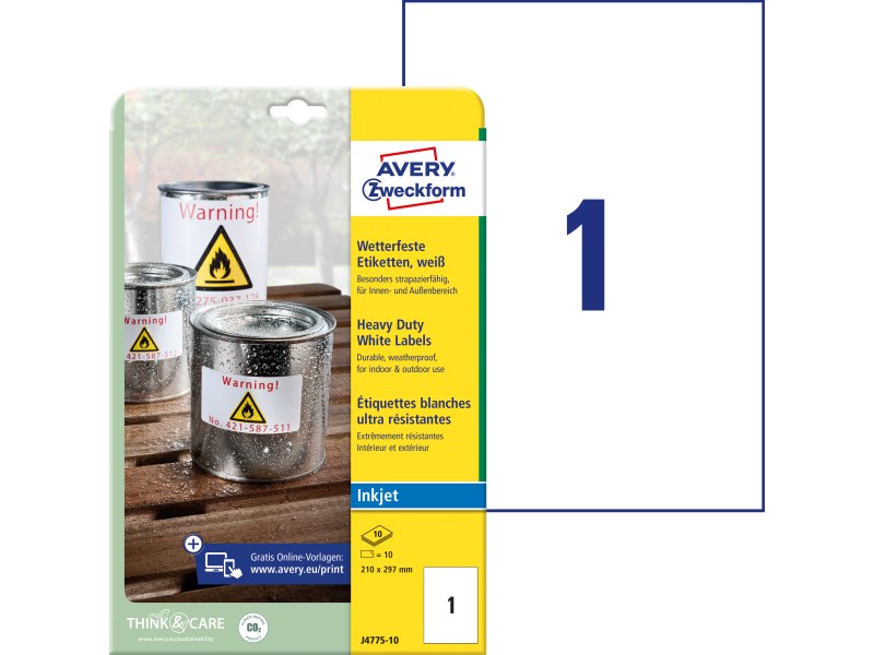 Etiketid Zweckform J4775-10 210x297mm A4/10L ilmastikukindel tugeva liimiga valge
