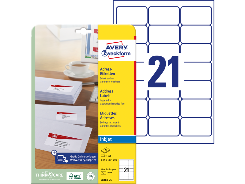 Etiketid Zweckform J8160-25 63,5x38,1mm A4 tindiprinterile