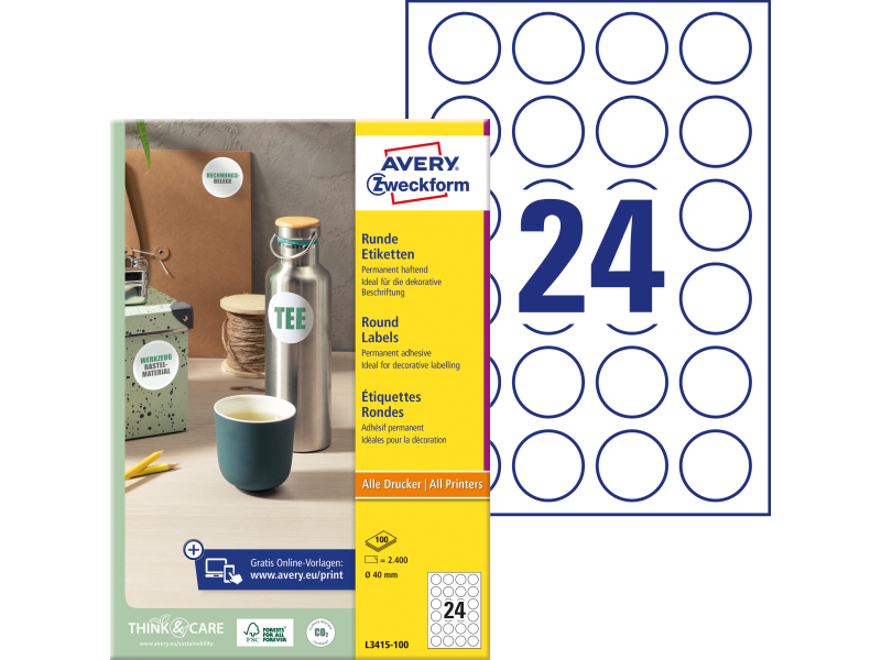 Etiketid Zweckform L3415-100 ring 40mm A4/100L valge