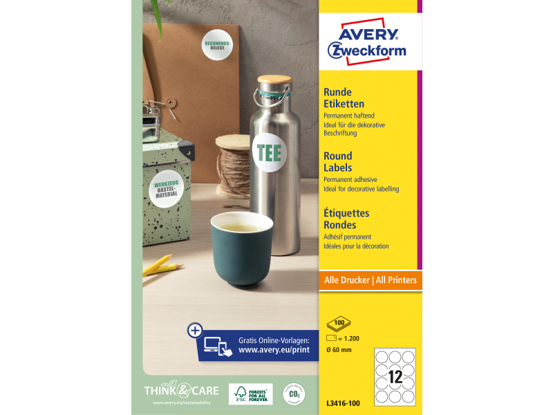 Etiketid Zweckform L3416-100 ring 60mm A4/100L valge - Pilt 3