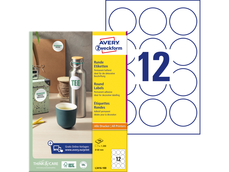 Etiketid Zweckform L3416-100 ring 60mm A4/100L valge