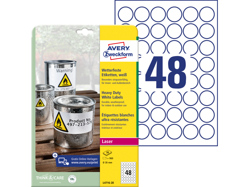 Etiketid Zweckform L4716-20 30mm A4/20L polüester ilmastikukindel, valge
