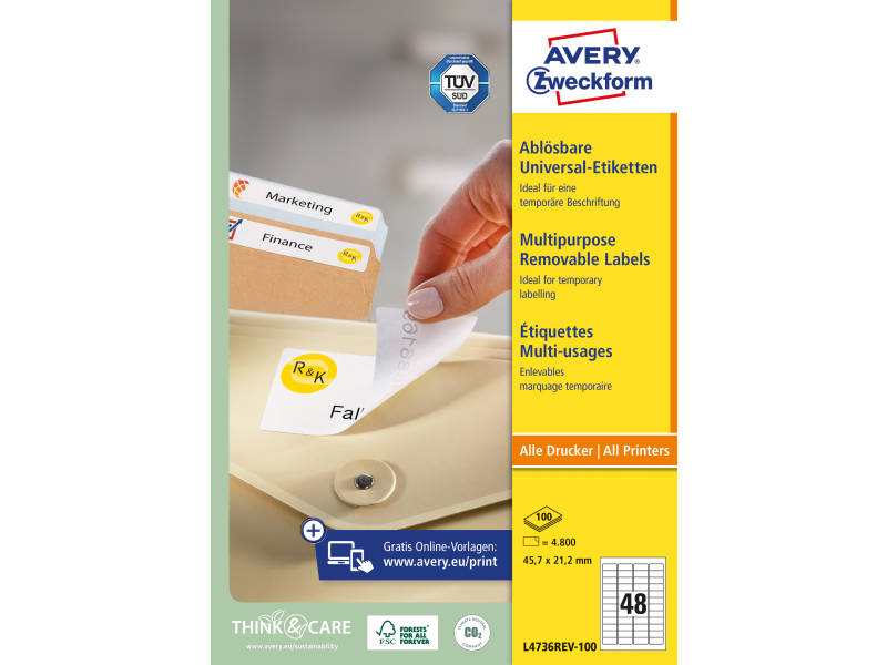 Etiketid Zweckform L4736REV-100 45,7x21,2mm A4/100L eemaldatavad (48tk lehel) - Pilt 3