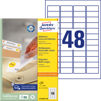 Etiketid Zweckform L4736REV-100 45,7x21,2mm A4/100L eemaldatavad (48tk lehel)