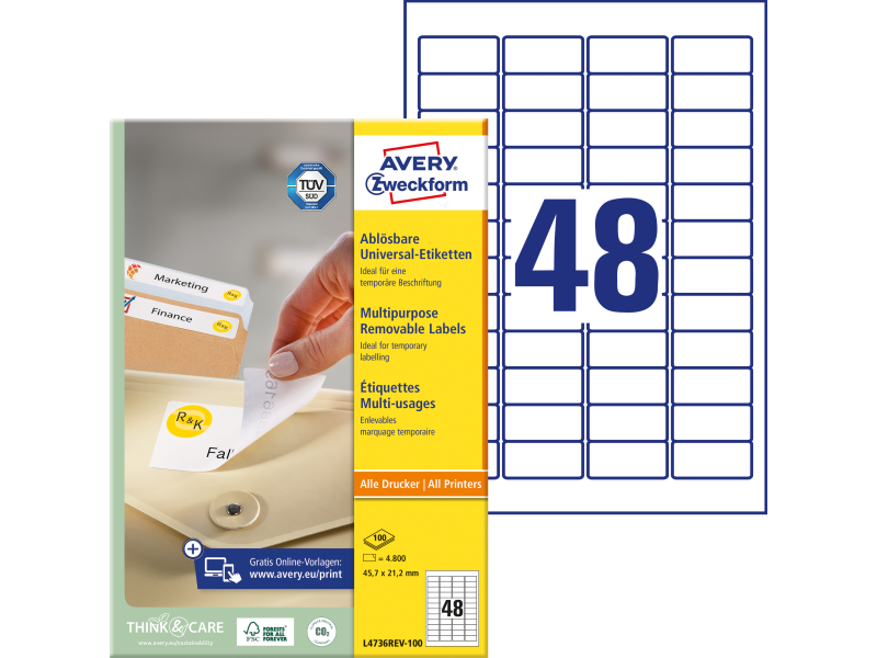 Etiketid Zweckform L4736REV-100 45,7x21,2mm A4/100L eemaldatavad (48tk lehel)