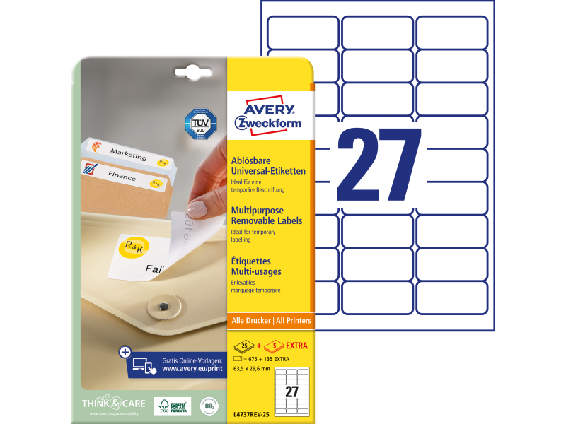 Etiketid Zweckform L4737REV-25 63,5x29,6mm A4/25L eemaldatavad