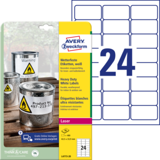 Etiketid Zweckform L4773-20 63,5x33,9mm A4/20L polüester ilmastikukindel, valge