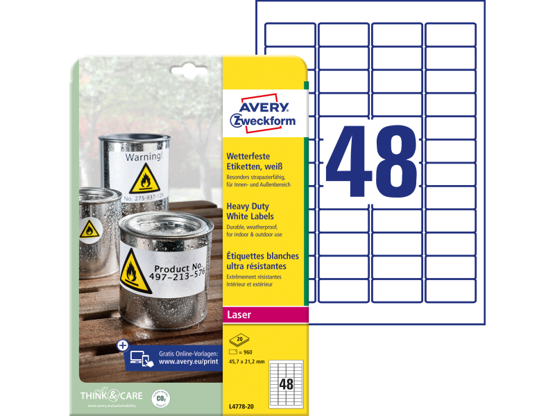 Etiketid Zweckform L4778-20 45,7x21,2mm A4/20L polüester ilmastikukindel, valge