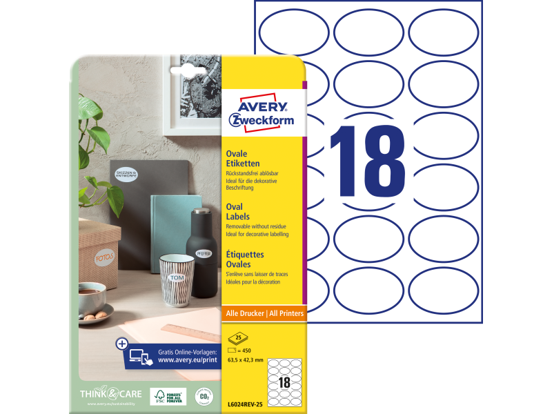 Etiketid Zweckform L6024REV-25 63,5x42,3 mm A4/25L eemaldatavad