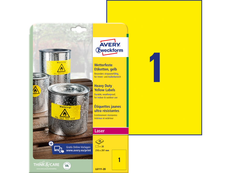 Etiketid Zweckform L6111-20 210x297mm A4/20L polüester ilmastikukindel, kollane