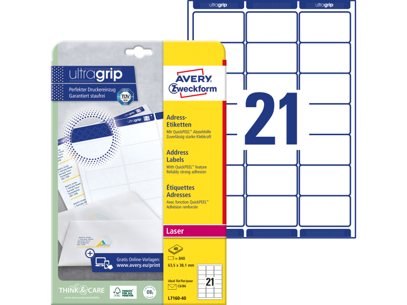 Etiketid Zweckform L7160-40 63,5x38,1mm A4 laserprinterile