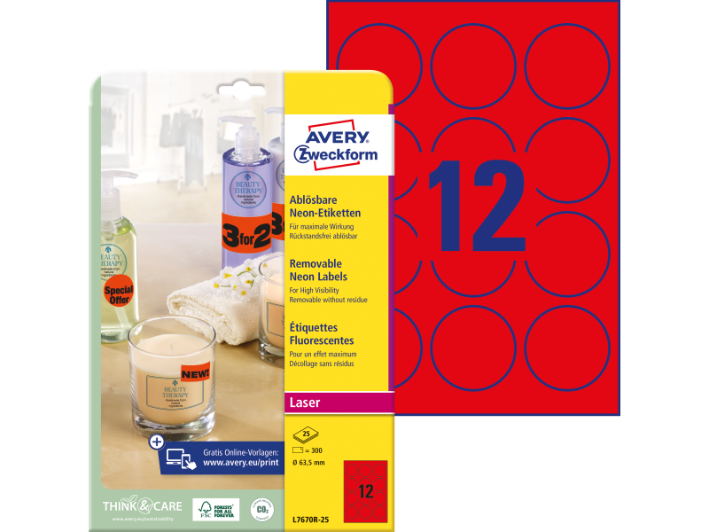 Etiketid Zweckform L7670R-25 ring 63,5mm A4/25L neoonpunane