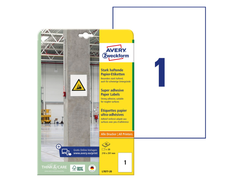 Etiketid Zweckform L7877-20 210x297mm A4/20L tugeva liimiga