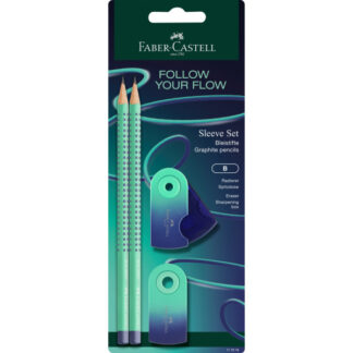 Harilik pliiats Faber-Castell Flow Edition Buzzing Blue HB 2tk + kustukumm ja teritaja blistris