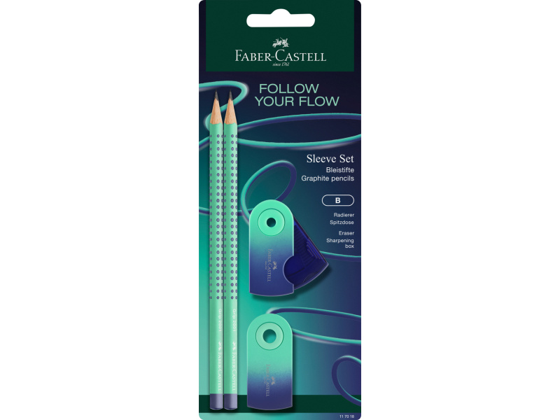 Harilik pliiats Faber-Castell Flow Edition Buzzing Blue HB 2tk + kustukumm ja teritaja blistris