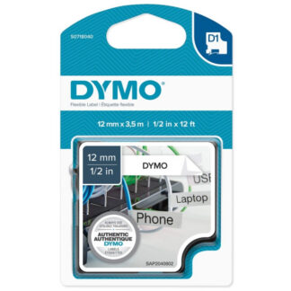 Kleepkirjalint Dymo D1 12mm x 3.5m must tekst valgel nylon