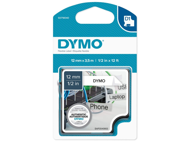 Kleepkirjalint Dymo D1 12mm x 3.5m must tekst valgel nylon