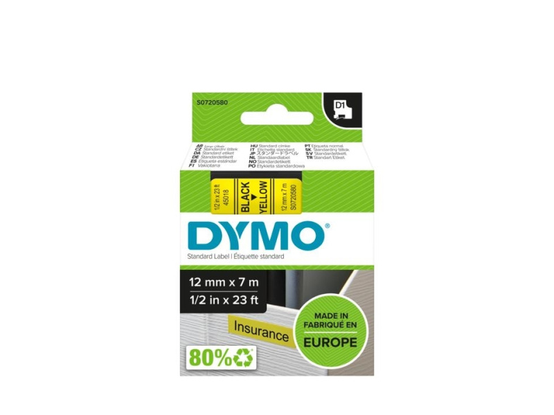 Kleepkirjalint Dymo D1 12mm x 7m must tekst kollasel 45018