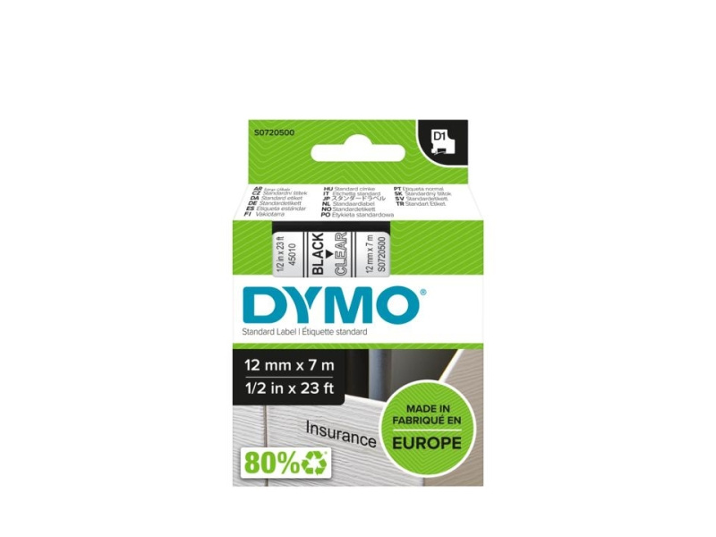 Kleepkirjalint Dymo D1 12mm x 7m must tekst läbipaistval 45010