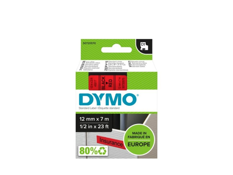 Kleepkirjalint Dymo D1 12mm x 7m must tekst punasel 45017