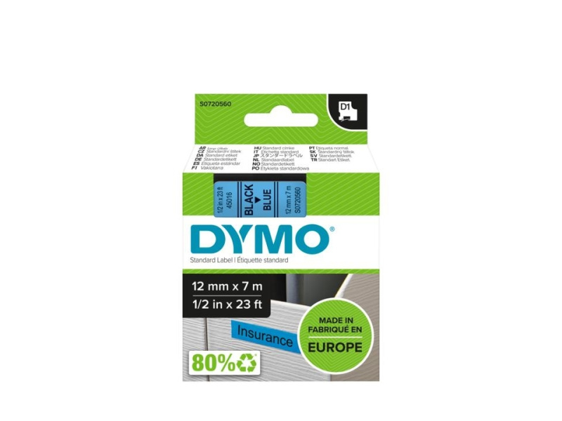 Kleepkirjalint Dymo D1 12mm x 7m must tekst sinisel 45016