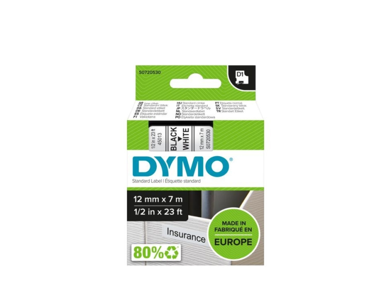 Kleepkirjalint Dymo D1 12mm x 7m must tekst valgel 45013