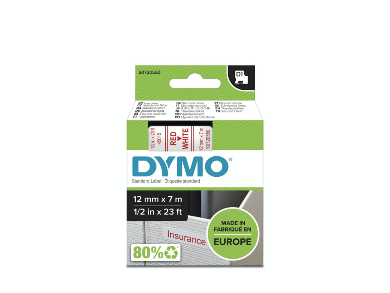 Kleepkirjalint Dymo D1 12mm x 7m punane tekst valgel 45015