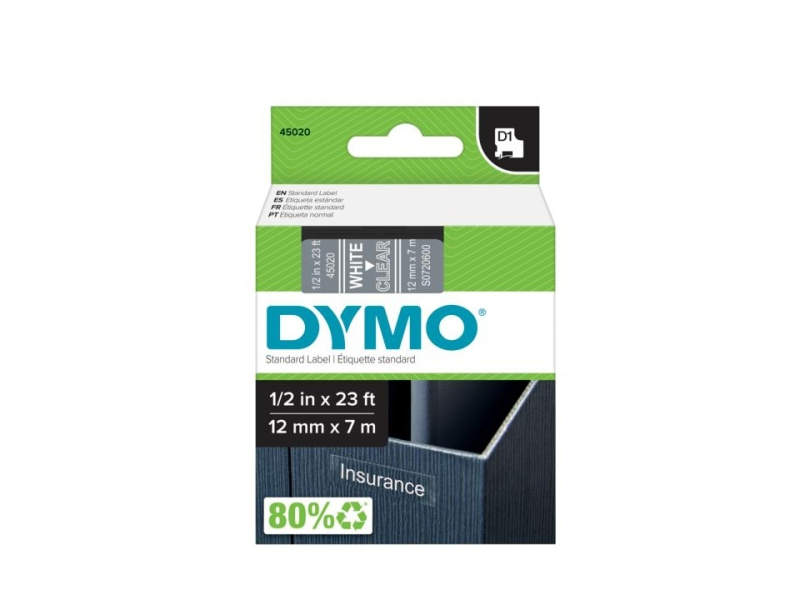 Kleepkirjalint Dymo D1 12mm x 7m valge tekst läbipaistval