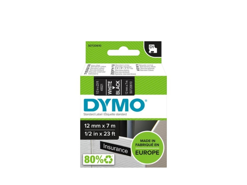 Kleepkirjalint Dymo D1 12mm x 7m valge tekst mustal 45021