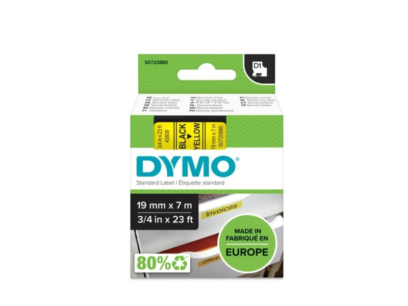 Kleepkirjalint Dymo D1 19mm x 7m must tekst kollasel 45808