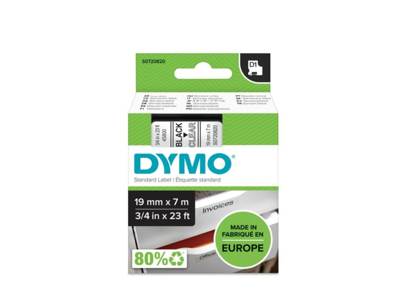Kleepkirjalint Dymo D1 19mm x 7m must tekst läbipaistval 45800