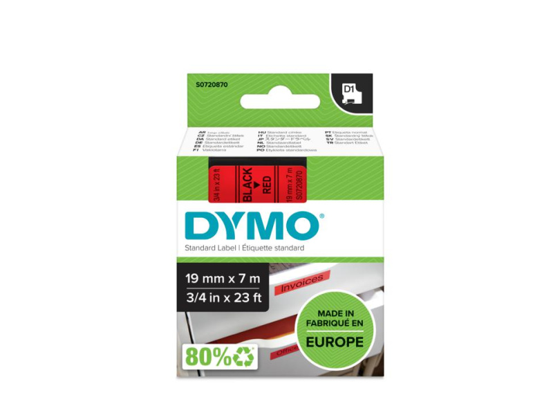 Kleepkirjalint Dymo D1 19mm x 7m must tekst punasel 45807