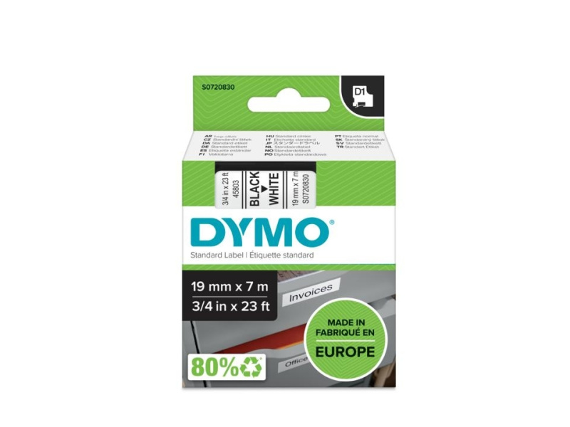 Kleepkirjalint Dymo D1 19mm x 7m must tekst valgel 45803