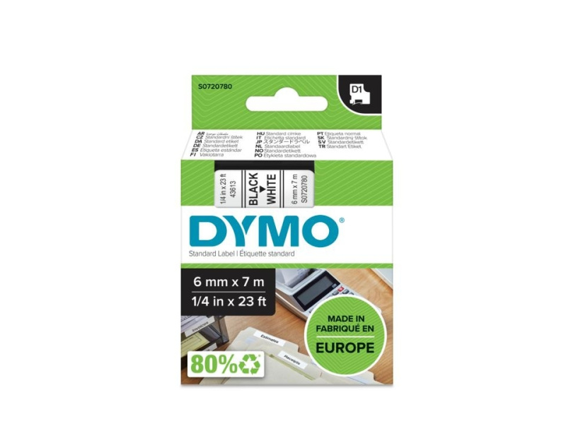 Kleepkirjalint Dymo D1 6mm x 7m must tekst valgel 43613