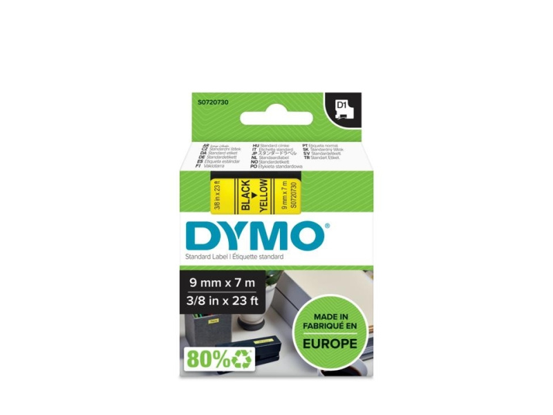 Kleepkirjalint Dymo D1 9mm x 7m must tekst kollasel 40918
