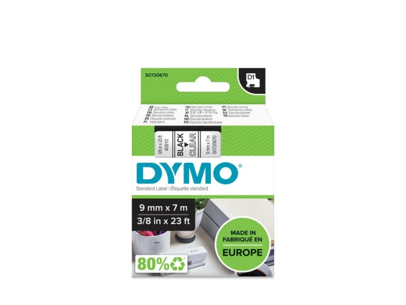 Kleepkirjalint Dymo D1 9mm x 7m must tekst läbipaistval 40910