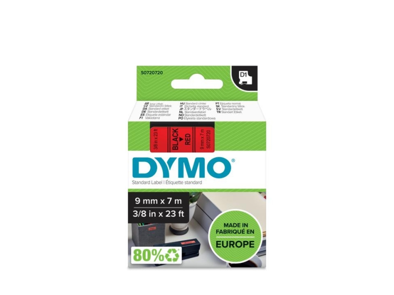 Kleepkirjalint Dymo D1 9mm x 7m must tekst punasel 40917