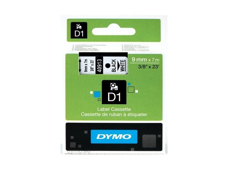 Kleepkirjalint Dymo D1 9mm x 7m must tekst valgel 40913