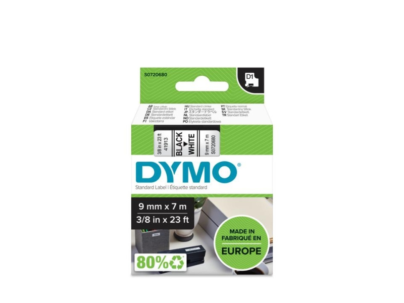 Kleepkirjalint Dymo D1 9mm x 7m must tekst valgel 40913