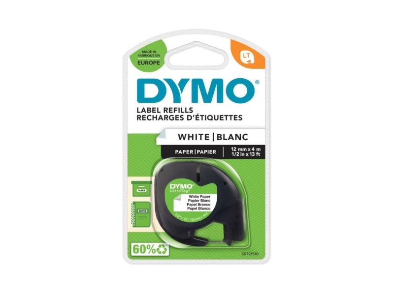 Kleepkirjalint Dymo LetraTag paber 12mm x 4m valge matt