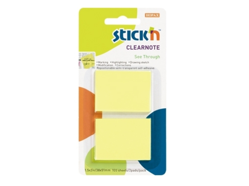 Märkmepaber Stick´N 21099 2x50L 38x51mm läbipaistev kollane blistris