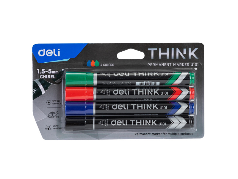 Permanentne marker DELI U101 1.5-5mm, lõigatud ots komplekt 4 värvi
