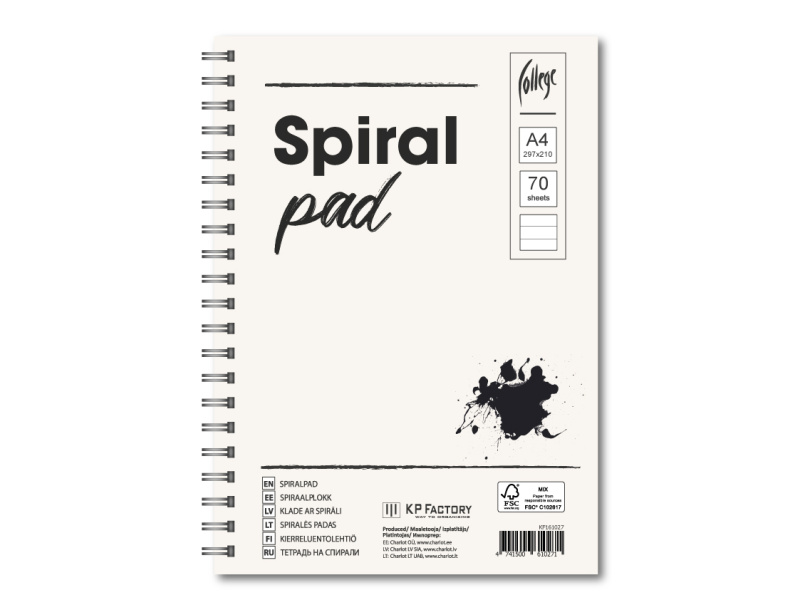 Spiraalplokk College A4/70L, jooneline, perfo ja kammspiraal pikemal küljel, 4 auku 80-80-80