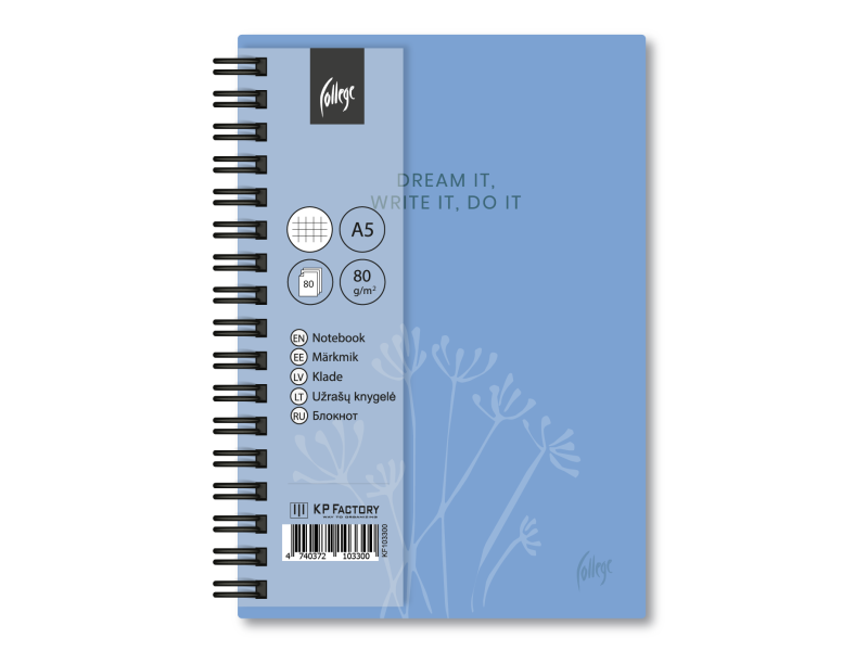 Spiraalplokk College Blue A5/80L, 5x5 ruut, kammspiraal