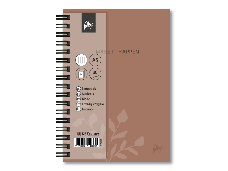 Spiraalplokk College Mocha A5/80L, 5x5 ruut, kammspiraal